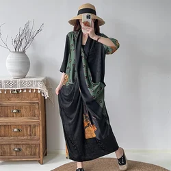 New Women Vintage Cross V Neck Floral Print Knotted Loose Maxi Long Dress Female Silk Retro Casual Party Vestidos De Mujer