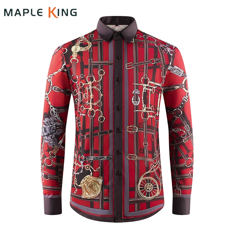

Винтажная мужская рубашка с цепочкой в стиле барокко, модный узор, готическая мужская рубашка с длинными рукавами, весенне-осенняя повседневная блузка на пуговицах для мужчин