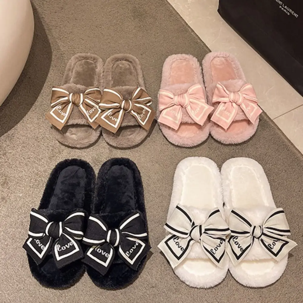 冬ソフトちょう結び毛皮スリッパノンスリップ暖かいぬいぐるみワンラインスリッパ厚い底かわいいホームスリッパ靴女の子