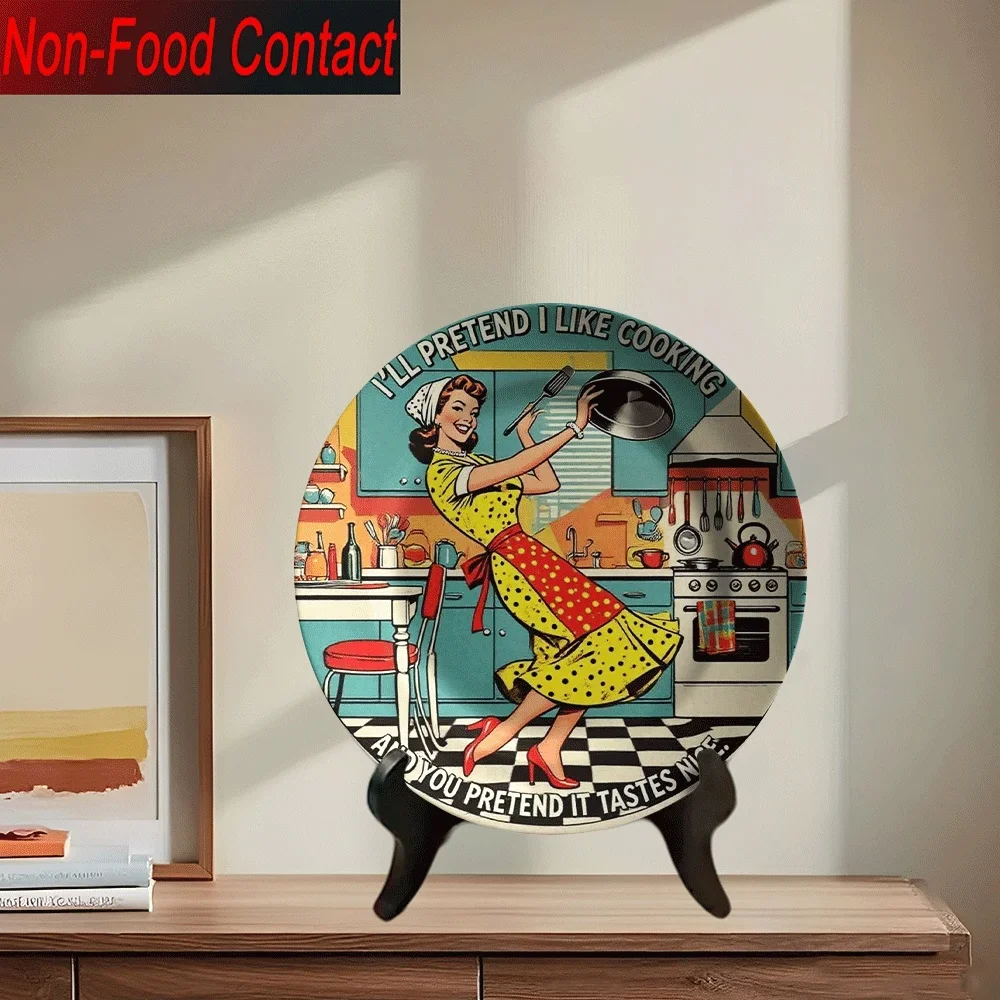 2D Flat, 1pc Vintage Kitchen Ceramic Decorative Plate - Non-Food Contact, Retro 1950s Housewife Design with 
