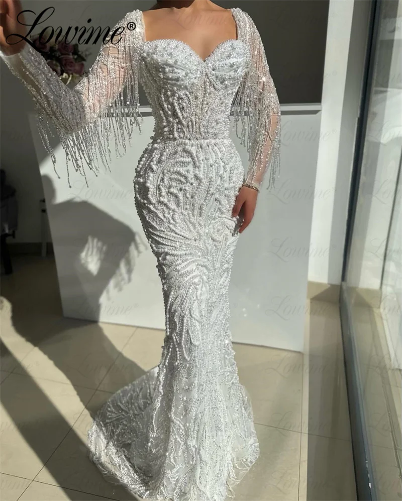 Dubai Luxury Evening Dress Long Sleeve Beading Tassels Mermaid Party Dresses Pearl White Arabic Formal Wedding Prom Dresses Robe