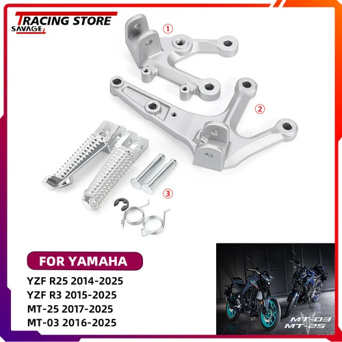 Reposapiés delantero para motocicleta, Pedal, soporte de clavija, juego de montaje para Yamaha YZFR25 YZFR3 MT-25 MT-03 MT25 MT03 YZF R3 25 MT 03 25