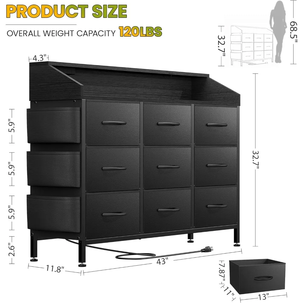 Cômoda de tecido pu preto com 9 gavetas para armazenamento de quarto, sala de estar e corredor
