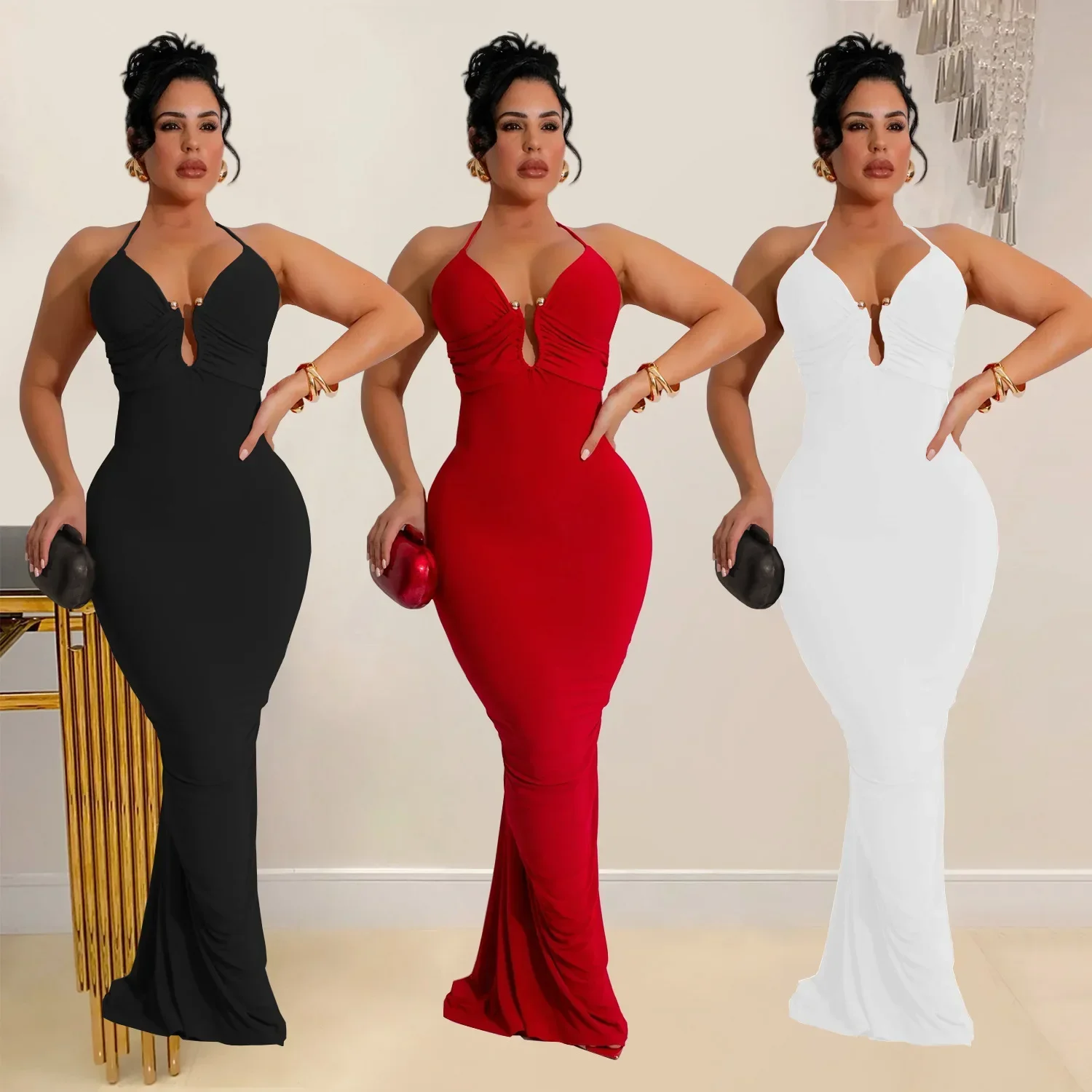 

Women Sleeveless V-neck Maxi Long Trumpet Mermaid Dress 2024 Fall Backless Birthday Club Sexy Party Evening Dresses