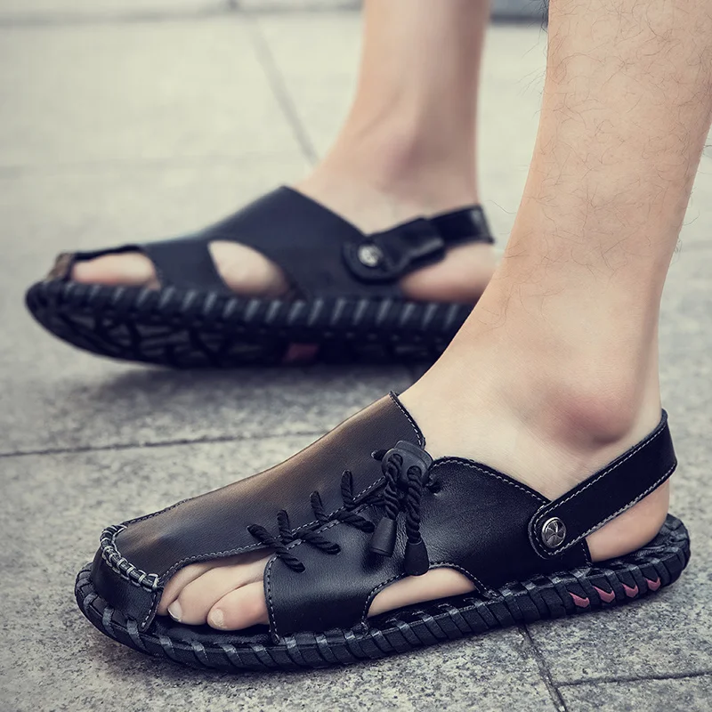 Fashion Mens Sandals Genuine Leather Summer Beach Slippers Male Non-Slip Soft Comfortable Outdoor Shoes High Quality Man Sandals