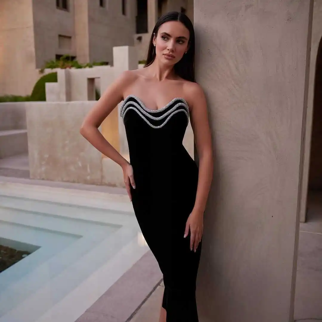 

Ele Bla Bandage Dr with Rhinestone Detail Elastic Waist Slim Fit Par Dr for Wedding Anniversary Performance