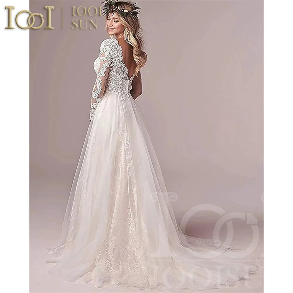 IOOISUN Maßgeschneiderte Boho Langarm Brautkleider V-Ausschnitt Illusion Spitze Applikationen Braut Kleid Hofzug Hochzeit Party Kleid