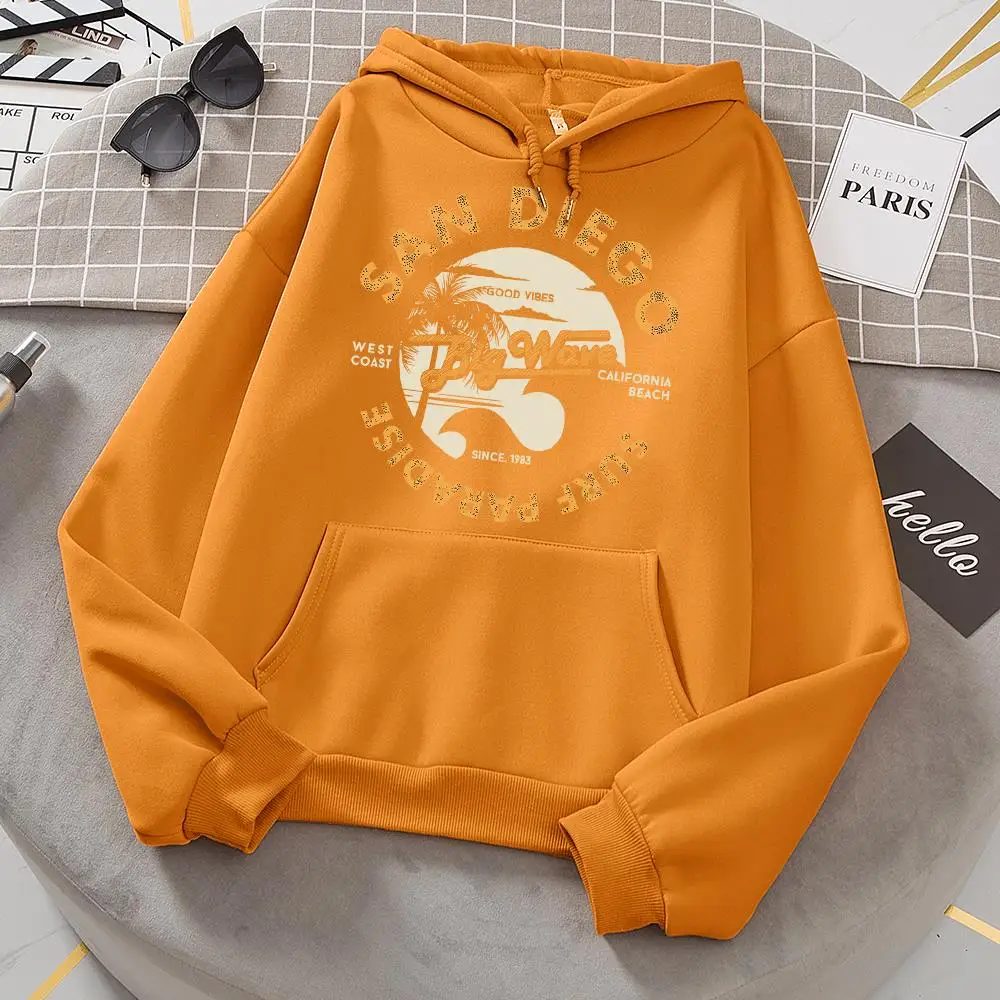 San Diego Surf Paradise, West Coast Of California Female Hoodies Simple Loose Hoodie Autumn Warm Fleece Hoody Hipster Pullover