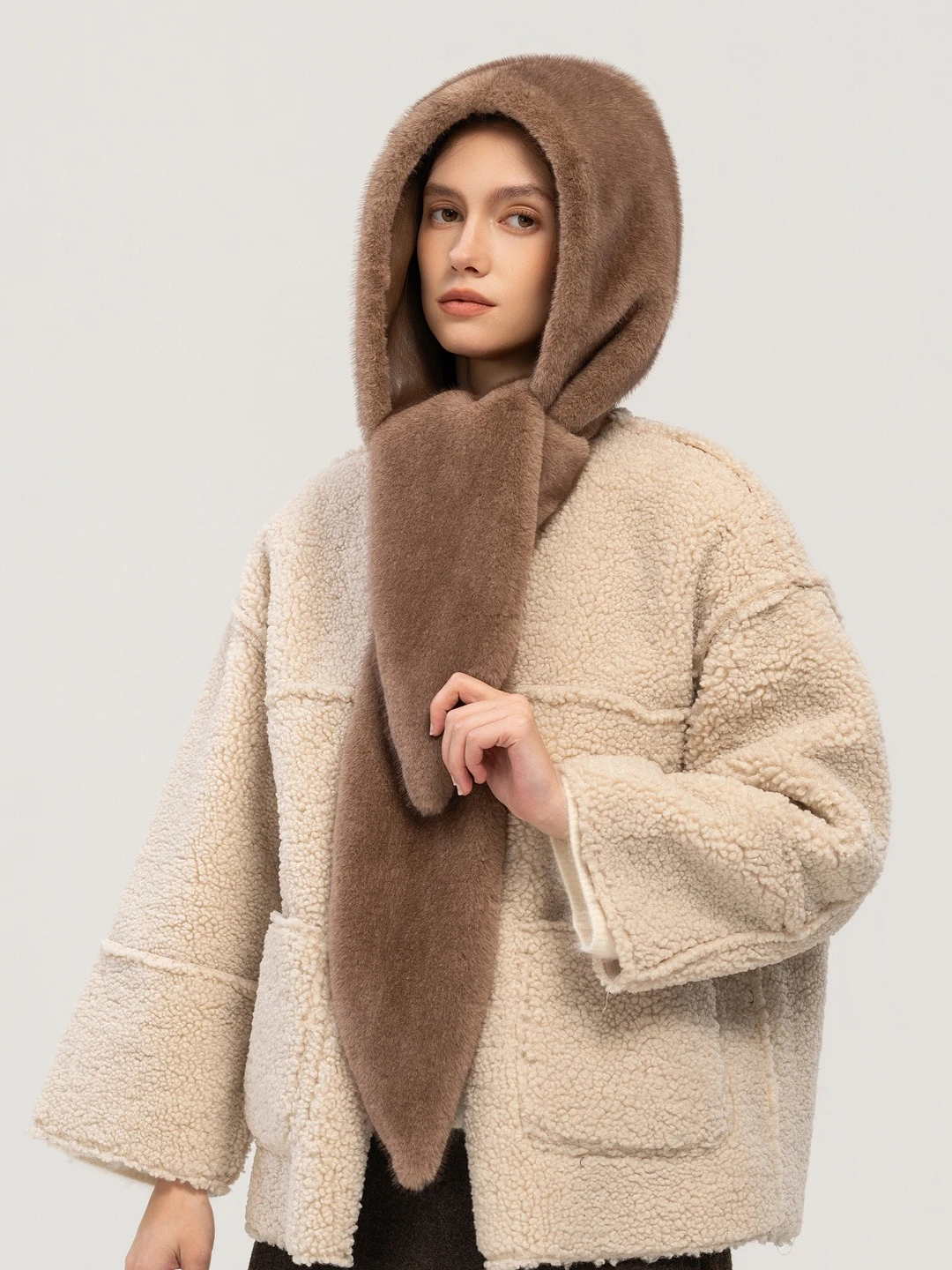 USPOP Women Faux Mink Hooded Scarf Reversible Winter Warm Plush Neck Warmer Eco Fur Hood Wrap