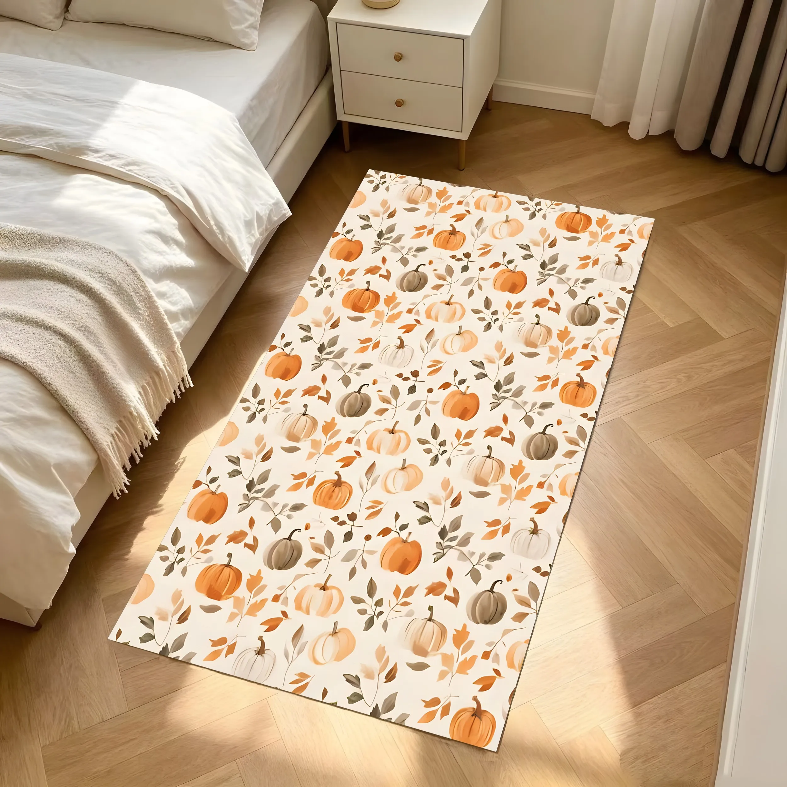 Halloween Carpet 2D Watercolor Pumpkin Leaf Pattern Rug Gentle Healing Style Warm Cozy Autumn Thanksgiving Atmosphere Carpet