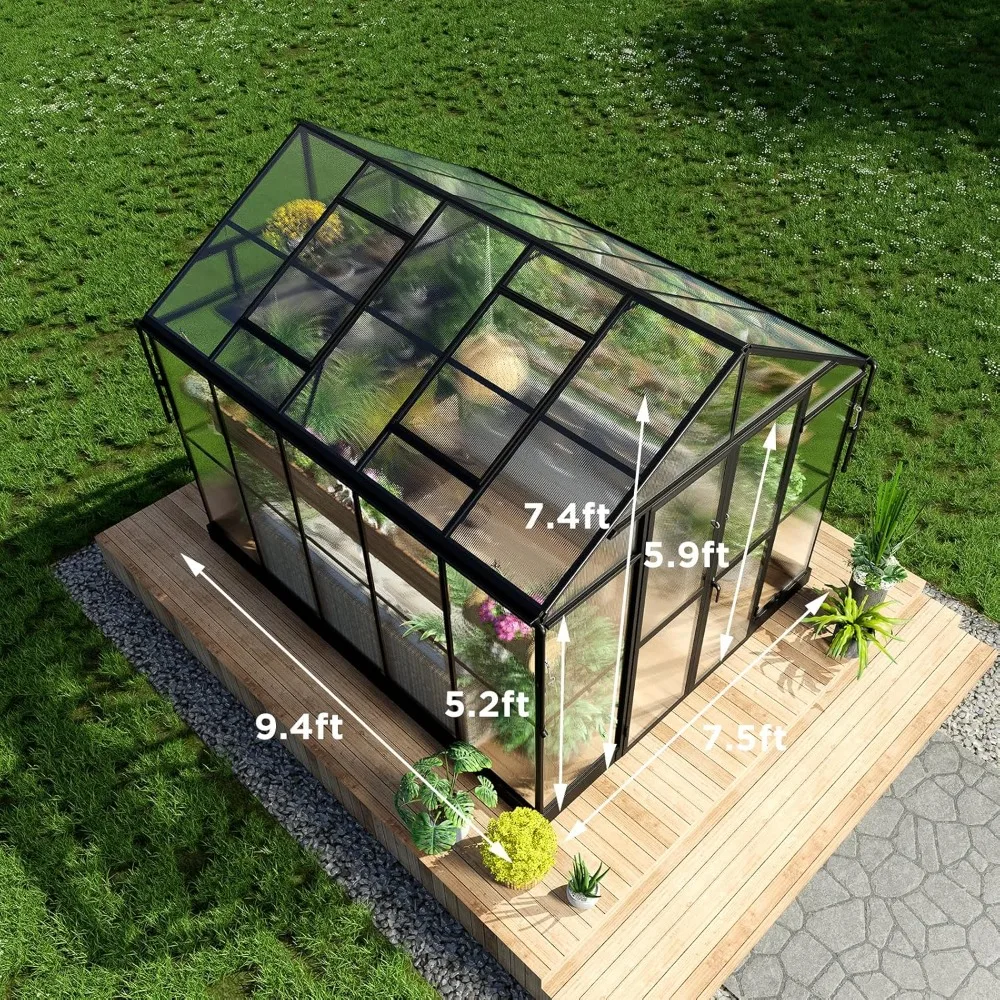 Sunroom Winter Greenhouse Double Swing Doors 2 Vents 5.2FT Added Wall Height, Walk-in Large Aluminum Polycarbonate Greenhouse