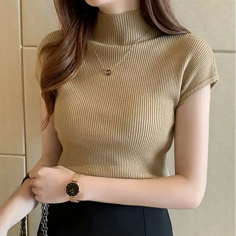 Short Sleeve Mock Neck Knit Crop Top for Women Basic Rib-knit Pullovers Knitwear Classic Office Lady Summer Outfit