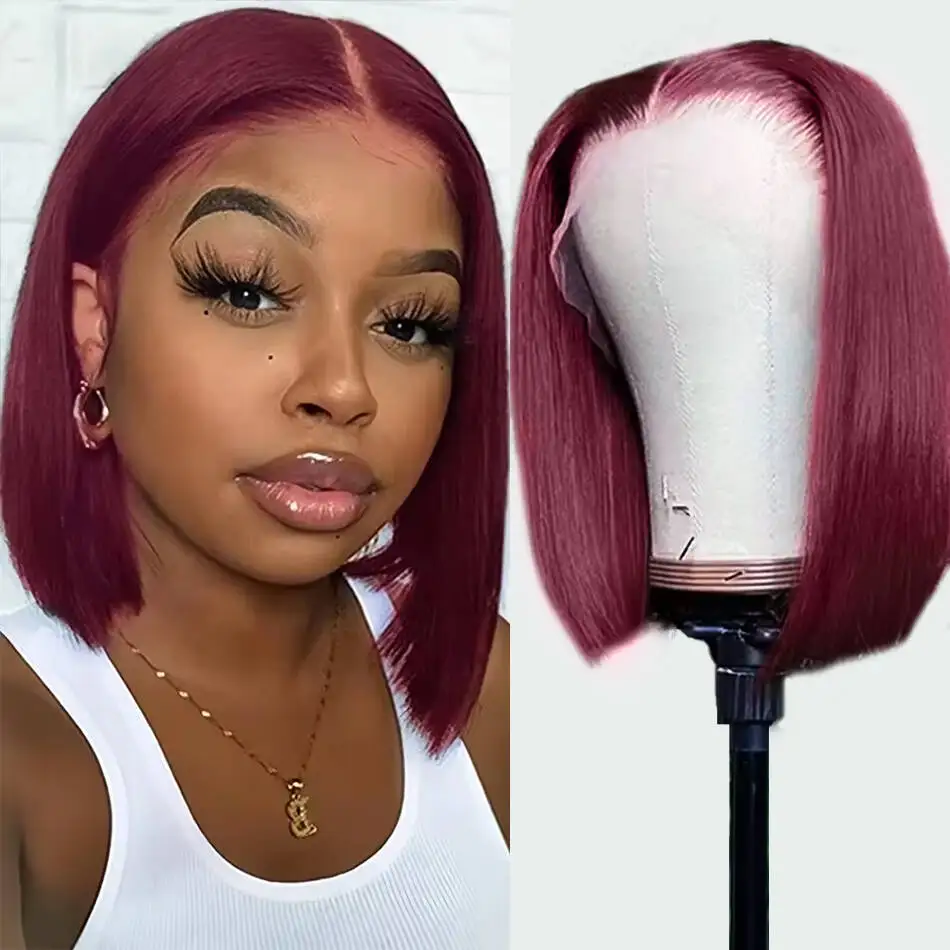 

200 Density 13x4 Full Frontal 99j Burgundy Straight Short Bob HD Transparent Lace Preplucked Colored Human Hair Wigs 8-14 Inch