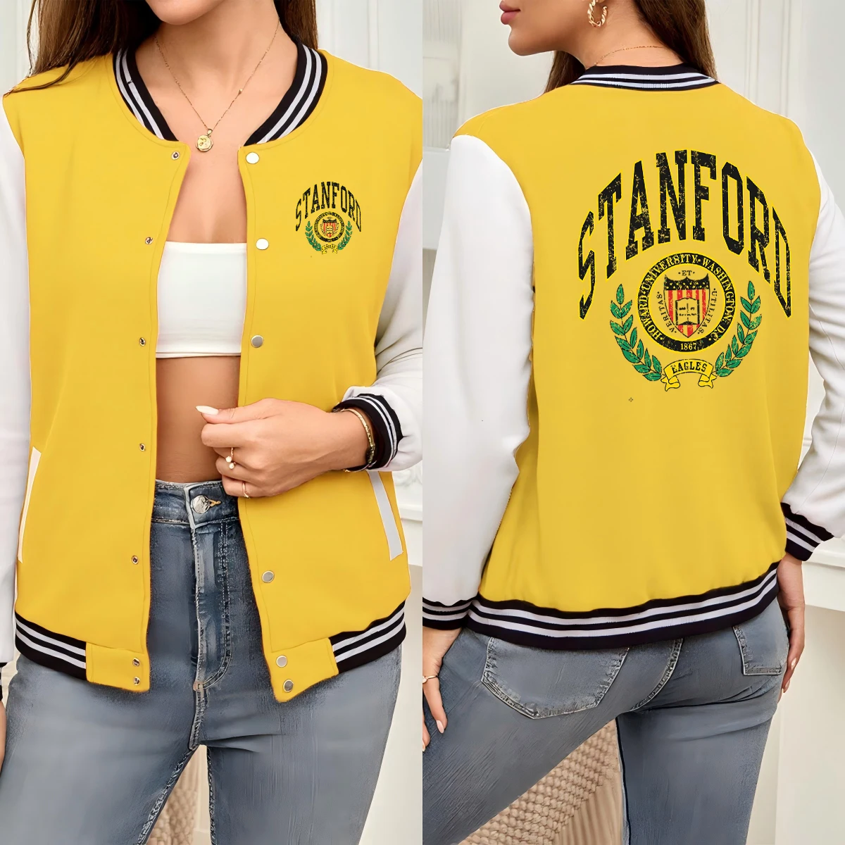 

Stanfiro Sport Art Letter Printing Бейсбольный трикотаж Пара Хип-хоп Свободная куртка Теплая уличная жилетка Женские куртки с круглым вырезом и круглым вырезом