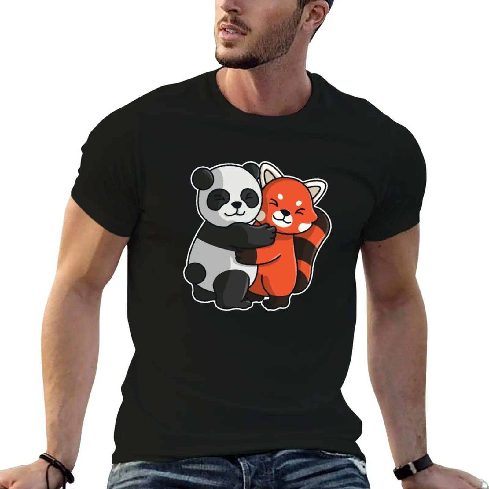 red Panda and Panda bear cute Hug Cuddle Animals T-Shirt street wear vintage clothes plus size men clothing