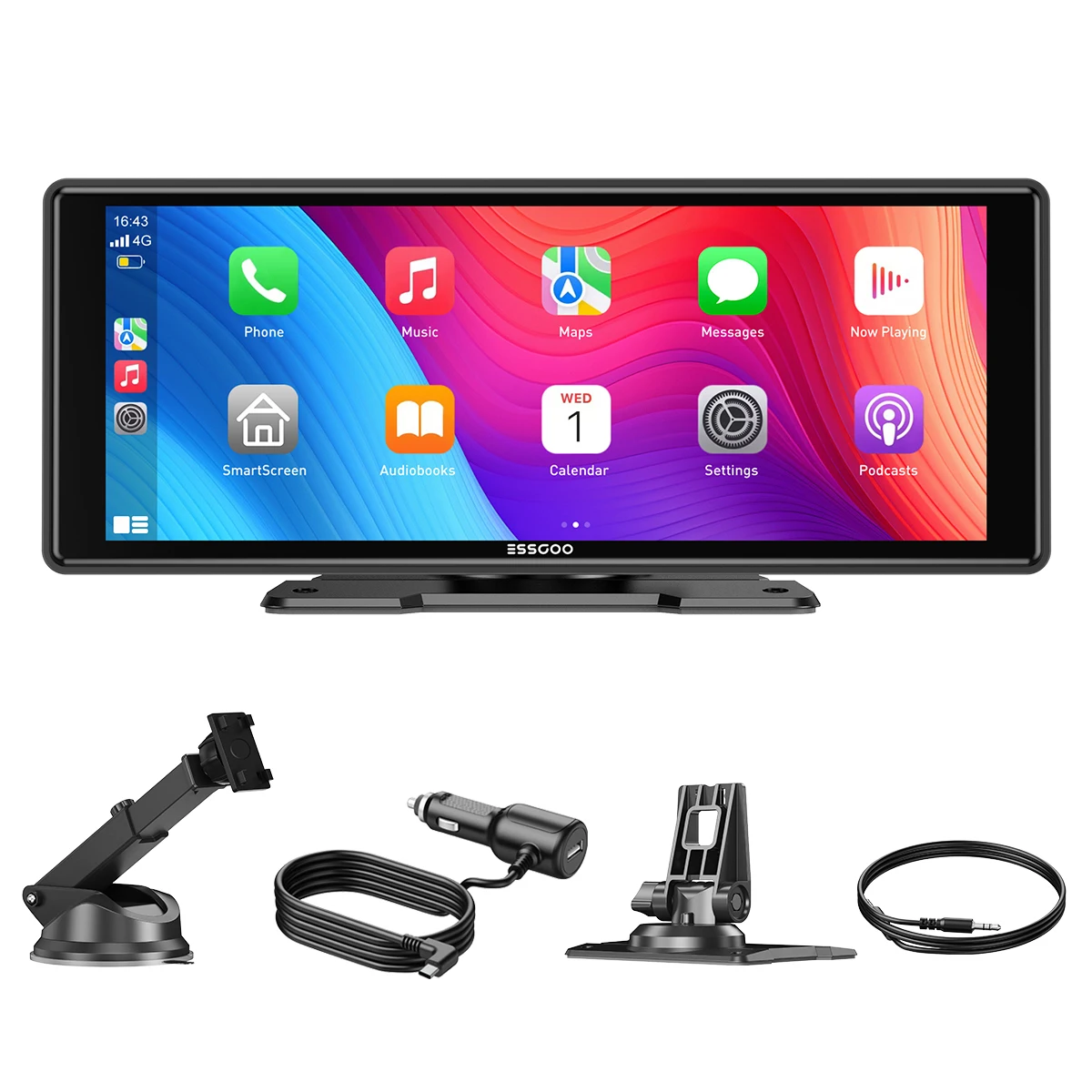ESSGOO 10.26" Universele Draagbare Dashcam Draadloze CarPlay Android Auto 1600*600 HD Scherm GPS Navigatie Mirror Link FM USB BT AUX TF - afbeelding 1