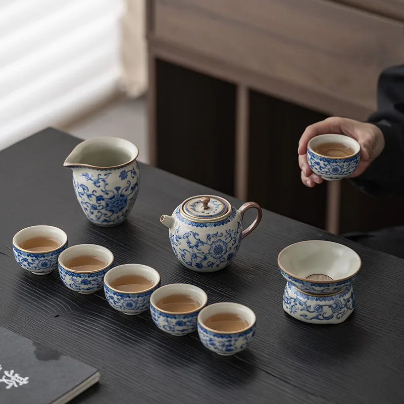 

Blue and white Ru kiln tea set, light luxury and high-end Chinese Ru porcelain Kung Fu tea set gift box