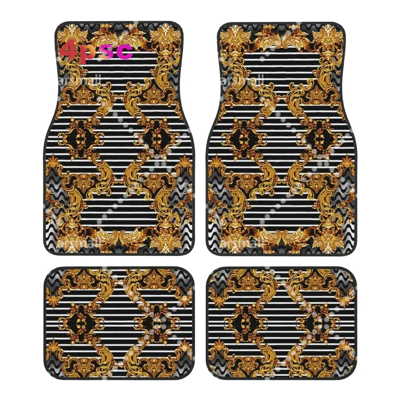 Car Floor Mats 4 Pcs Crystal Velvet Gold Baroque Elegance Universal Front Rear Foot Mats Rugs Geometric Patterns Pieces Auto