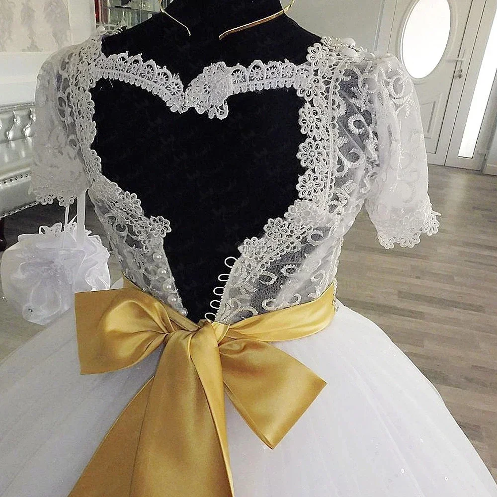 Exquisite Lace Flower Girl Dress Tulle Pearls First Communion Ball Gown Princess Long Glitter Child Wedding Birthday Dresses