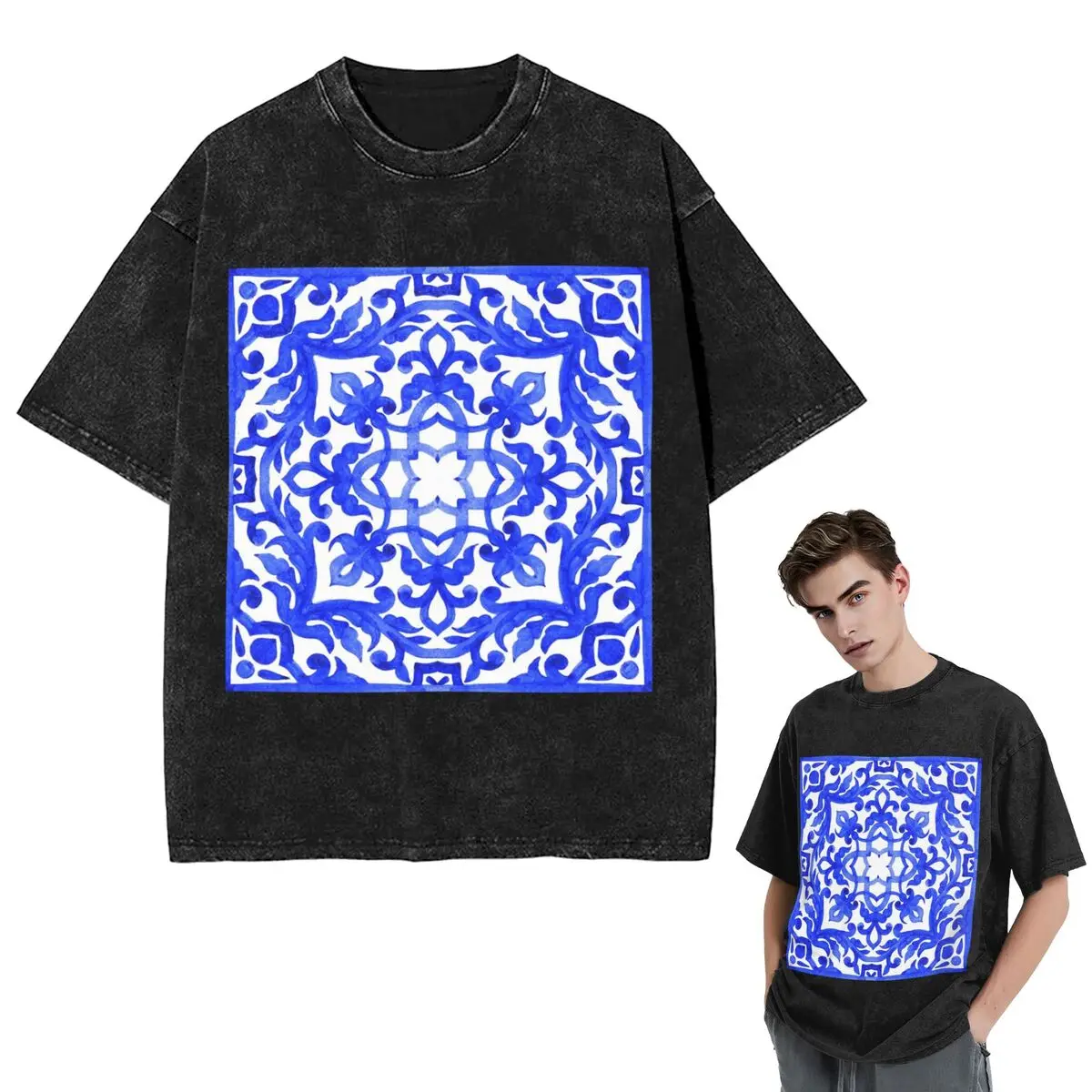 Streetwear T-Shirts Portuguese Azulejo Tiles Washed T Shirt Short Sleeve Hip Hop T-Shirt Tops Tees for Men Women