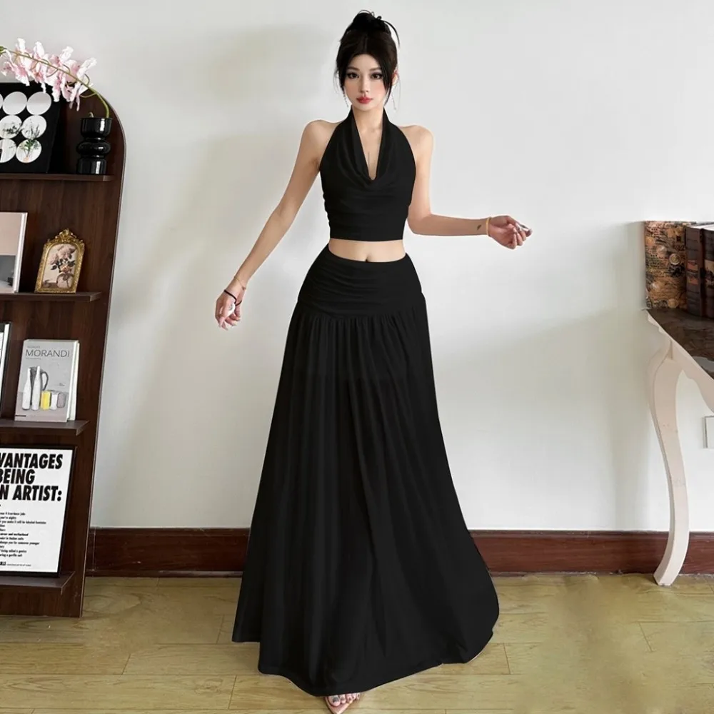 

SylCue Ruched Elegant 2 Piece Set Women Halter Swing Collar Backless Crop Tops+High Waist Patchwork Skirts Vacation Style Suits