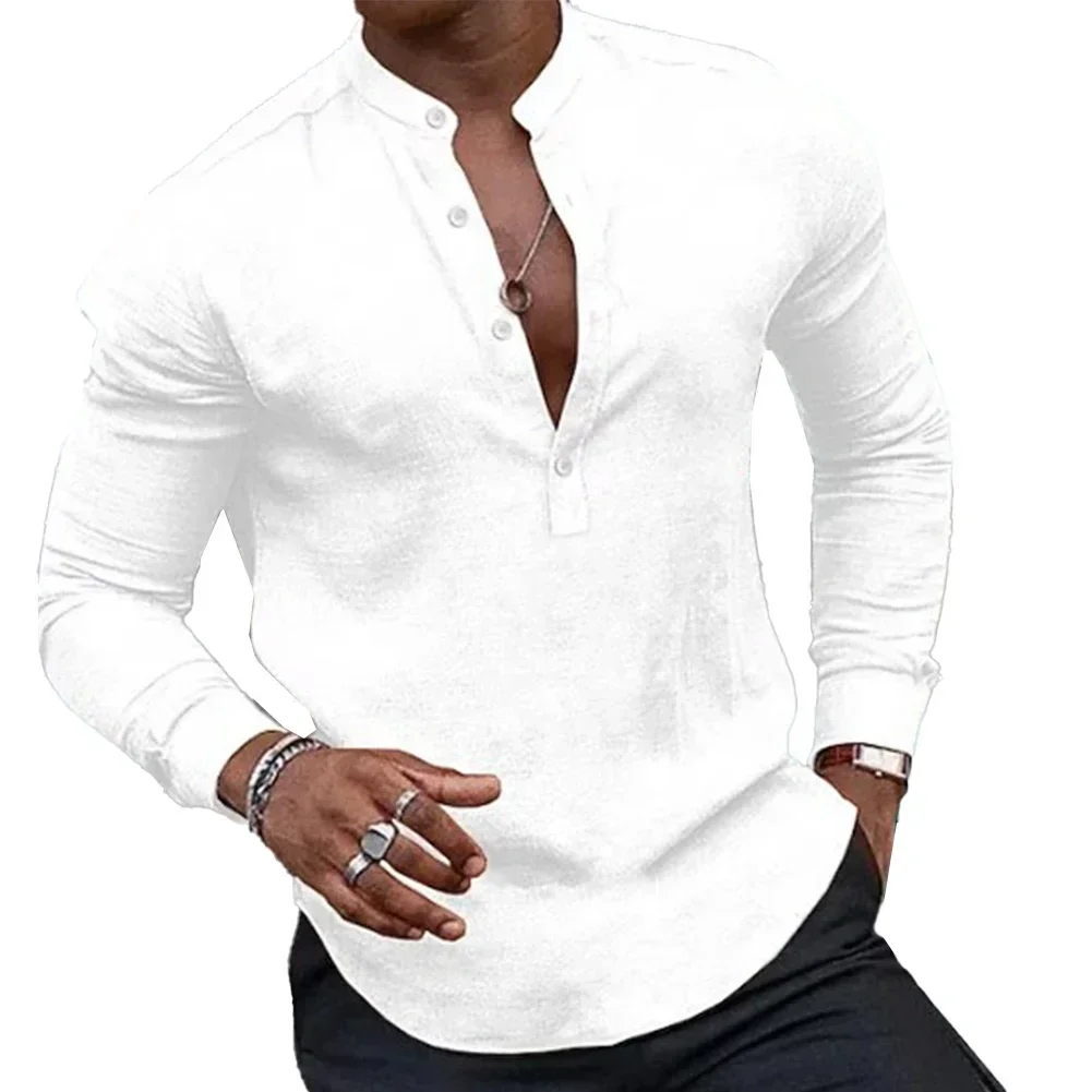 

Solid Color Men's Casual Long Sleeve Shirts Spring Autumn Shirt And Blouse Pullovers Henley V-Neck Button Tops Men Clothing