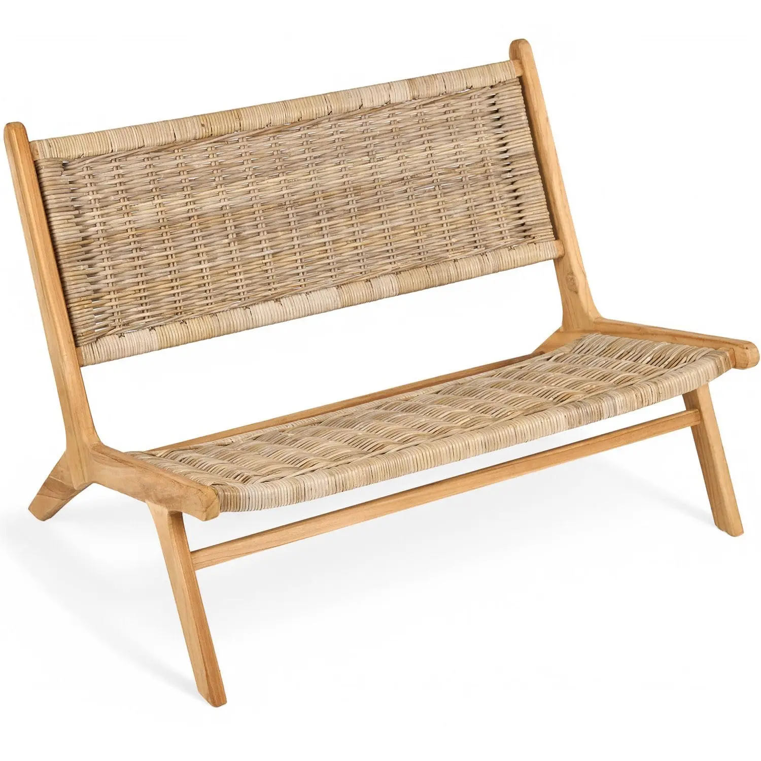 

Teak Rattan Lounge Bench for 2 – Mid Century Modern Bench, Solid Teak Wood, Natural Rattan, Boho & Scandinavian, Customized