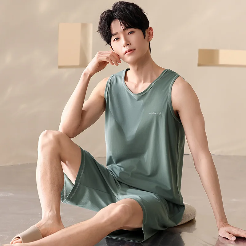 

Large Size Men Pajamas Set Modal Cool Student Two-Piece Pullover Letters 3xl Sleeveless Shorts Pajamas Summer Cool Homewear