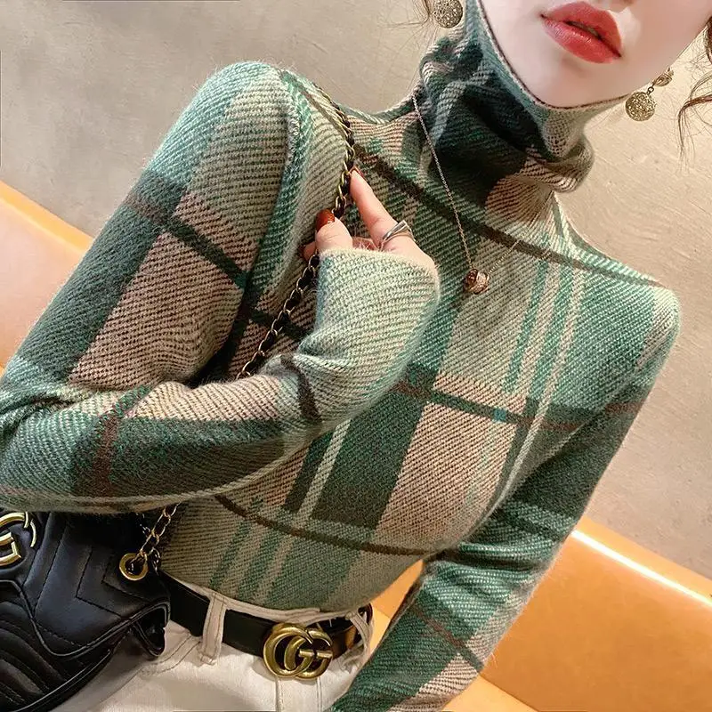 Women\'s Autumn and Winter Fashion Elegant High Neck Pullover Plaid Panel Casual Versatile Long Sleeve Slim Fit Sweater Knit Tops