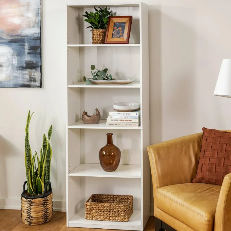 Librería de 5 estantes con estantes ajustables, acabado elegante en blanco macizo