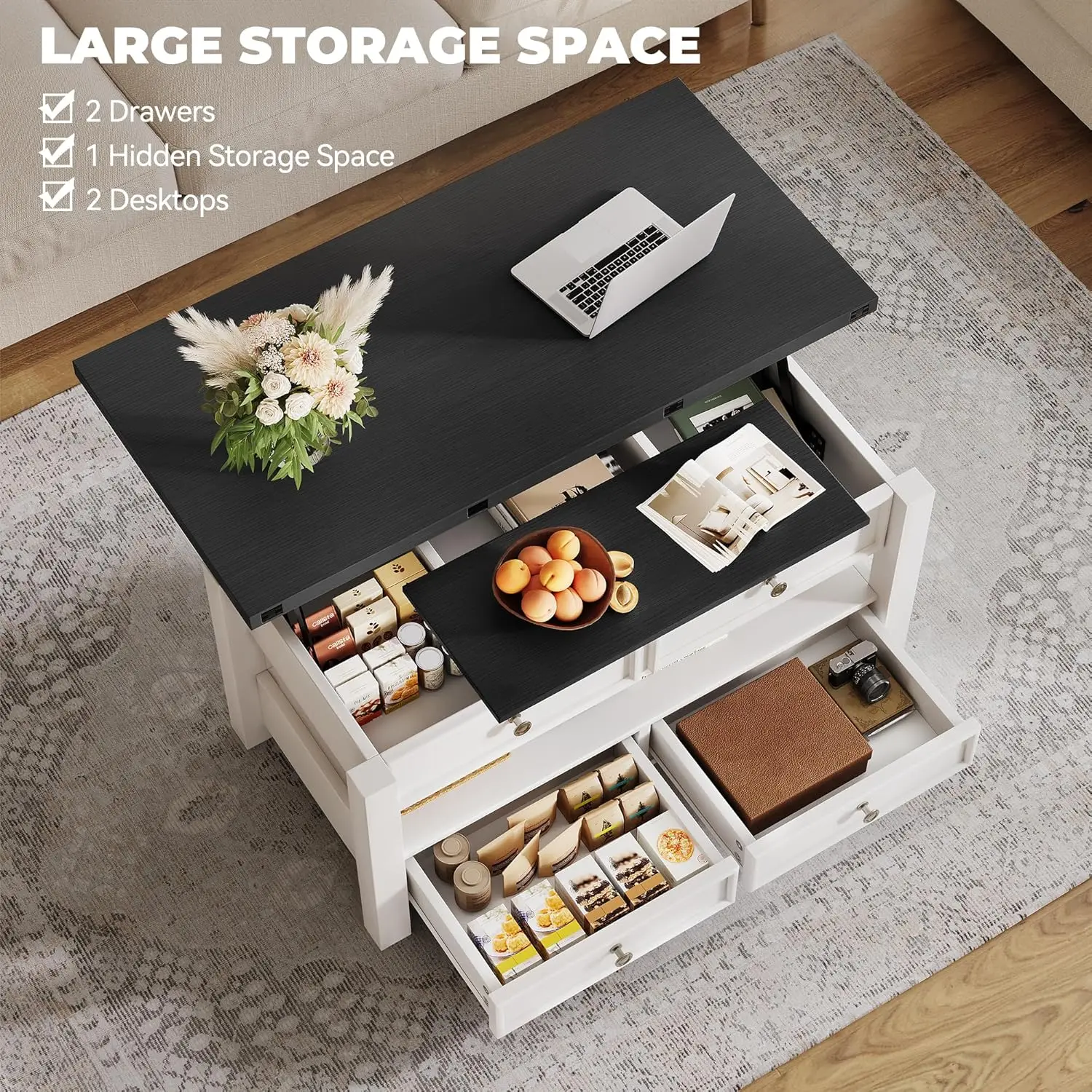 Multi-Functional Lift Top Coffee Table - Convertible to Dining Table, with Drawers & Hidden Storage for Living Room/Home Office