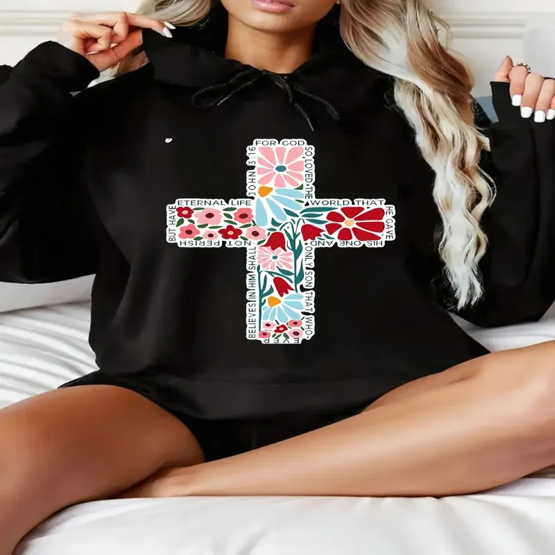 Womens Casual Floral Cross Hoodie Long Sleeve Pullover Colorful Flower Design Loose Fit Fall And Winter Fashion Relaxed Style