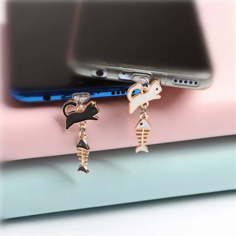 Kawaii Fishbone Cat Dust Plug Charm Charge Port Plug For iPhone Type C Dust Protection Stopper Cute Anti Dust Cap Phone Pendant