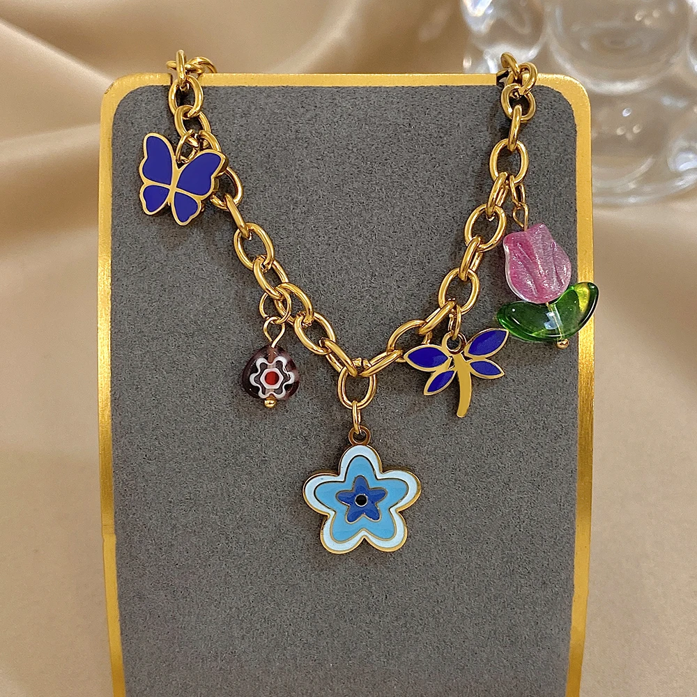 

DODOHAO Butterfly Flower Charms Bracelets For Women Cute Colorful Pendant Bracelets Link Chain Fashion Stainess Steel Jewelry