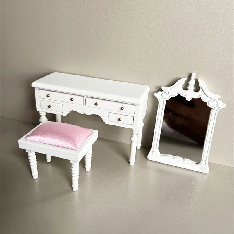 1Set 1:12 Dollhouse Simulation Dressing Table Makeup Mirror W/Stool Model Kit Doll House Bedroom Furniture Micro Scene Prop