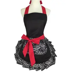 Black Red Lace Flirty Apron With Pocket Retro Sexy Kitchen Cooking Pinup Aprons For Women Girl Kitchen Bib Apron Cosplay Costume