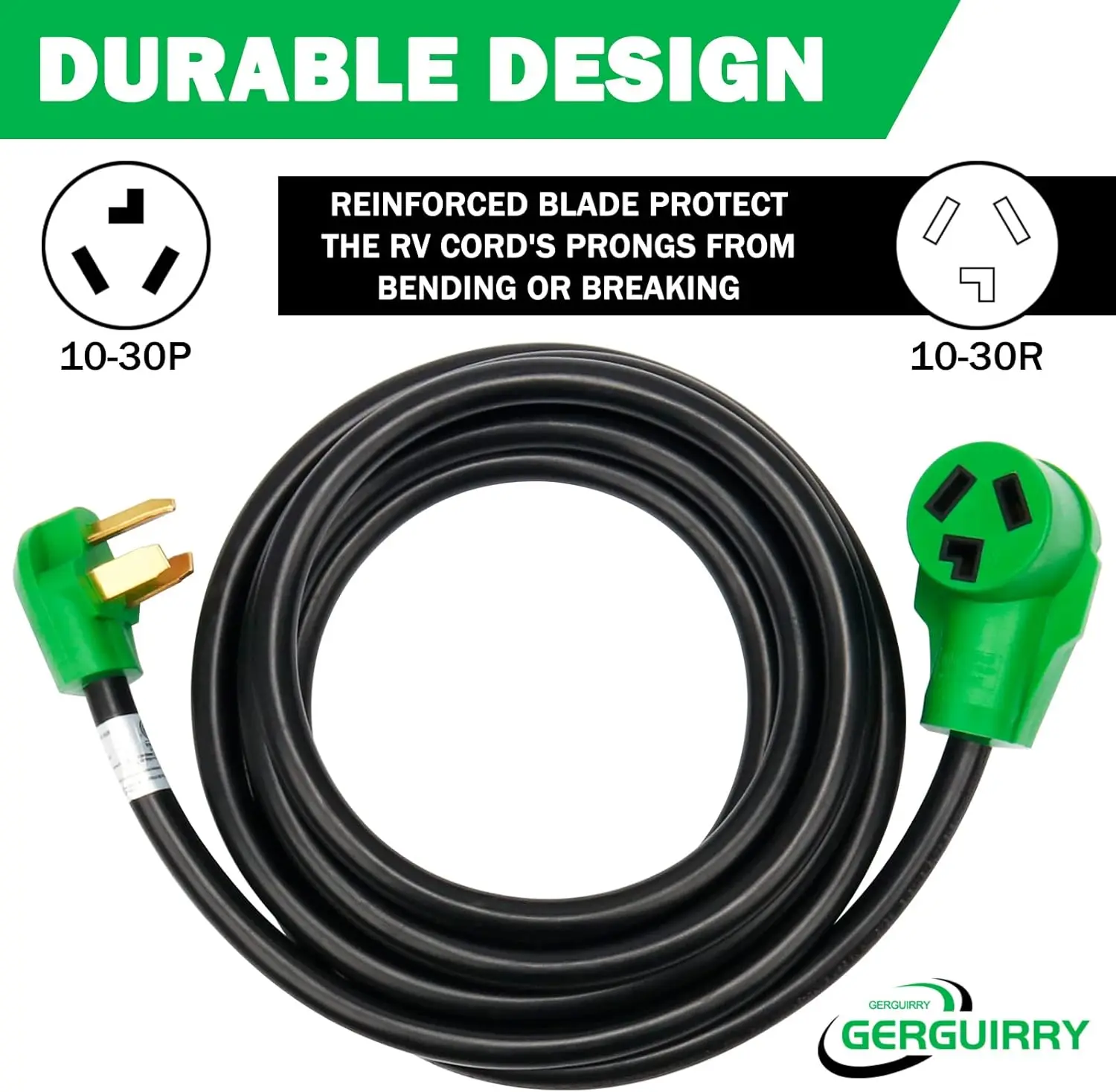 10-30P to 10-30R Heavy Duty Cord, Use for Dryer Power Extension and Level 2 EV Charging, 125 Volt/250 Volt 10-AWG Gauge