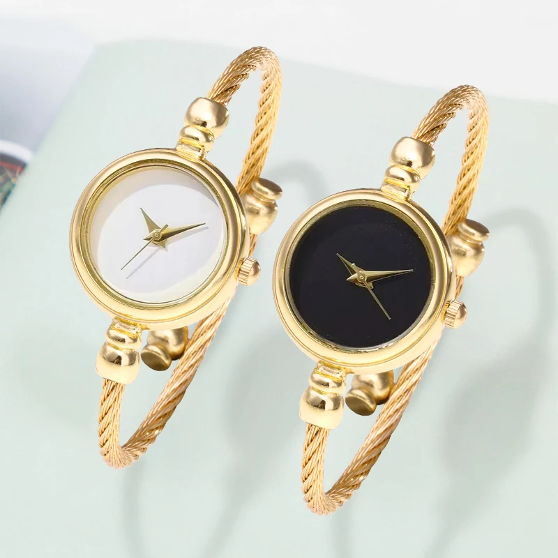 Ins Vintage Ladies Small Round Quartz Watch Gold Twisted Rope Open Cuff Bangle Wristwatch Simple Female Daily Jewelry Watch