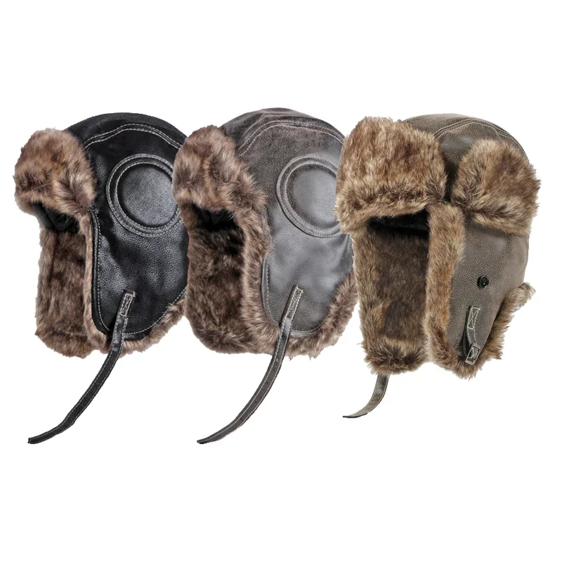 

Winter Warm Ushanka Russian Hats Men's Women's Pilot Bomber Trapper Hat Leather Ski Snow Cap Ear Protection Hat Gorras Invierno