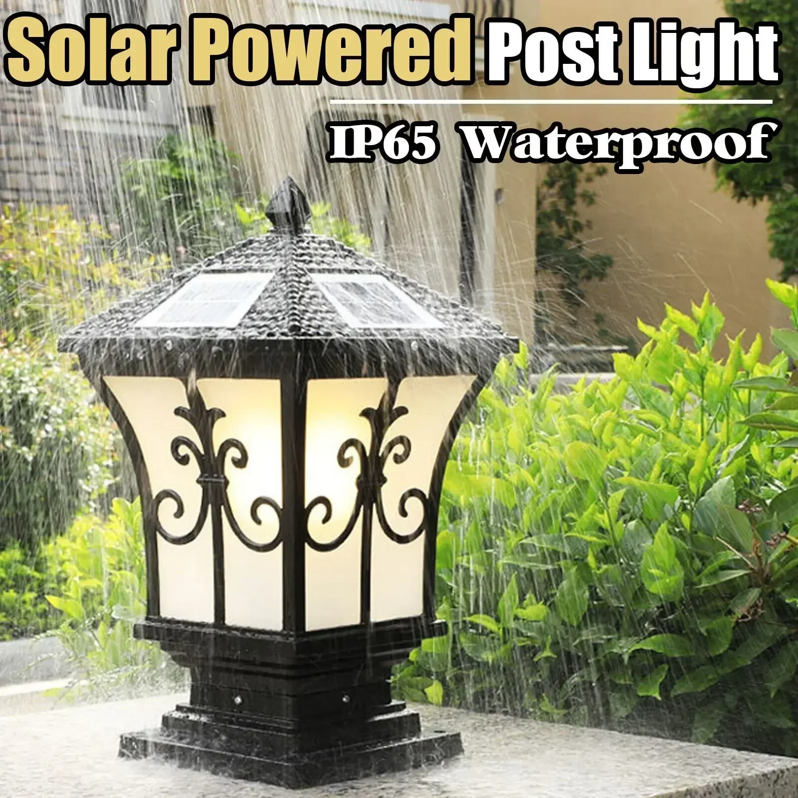 Lámpara de pilar LED solar – Luz de poste exterior negra para patio, jardín y valla