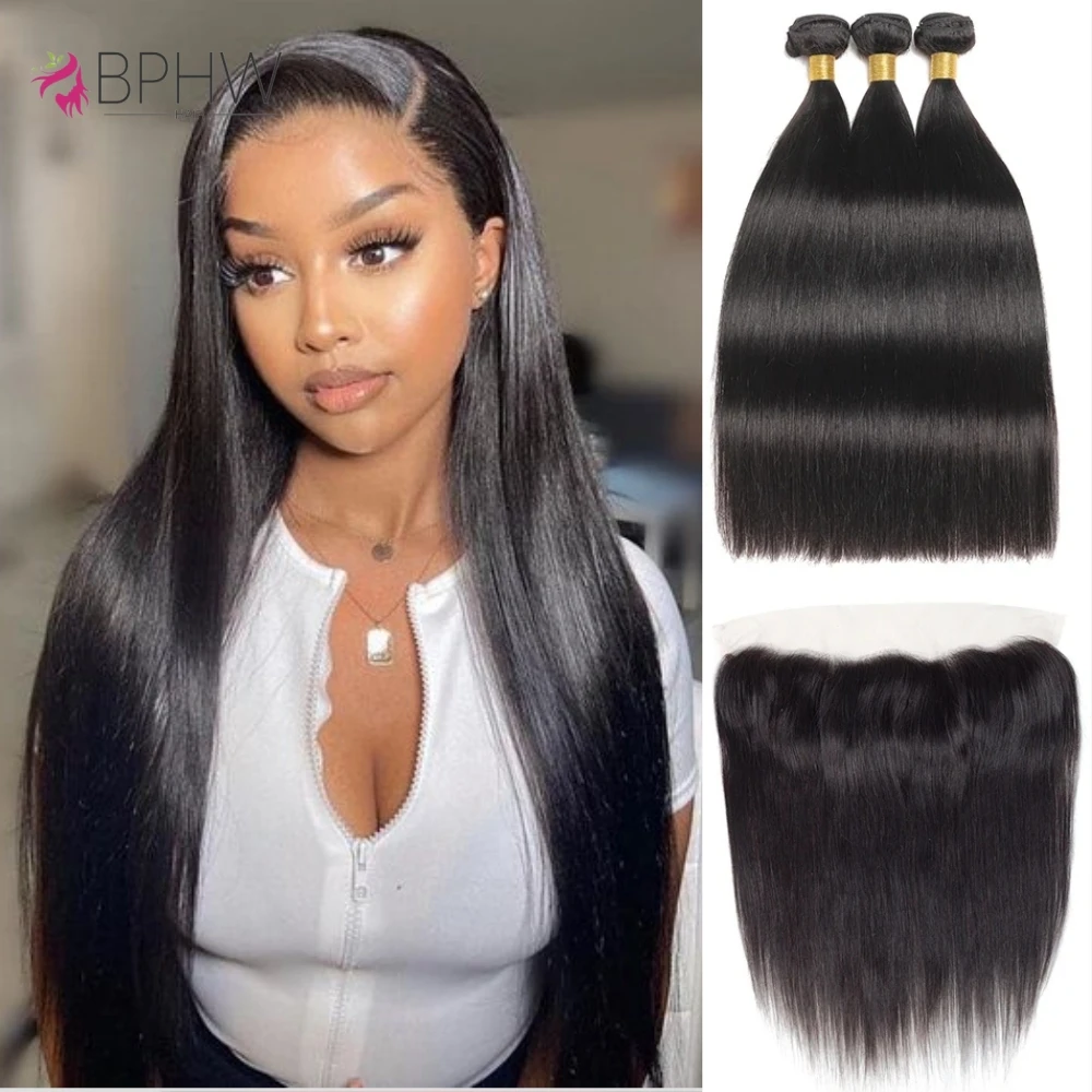 12A Bundles With Frontal 100% Human Hair Straight Peruvian Hair Natural Color Virgin Hair Bundles With Closure Brown Lace Hair