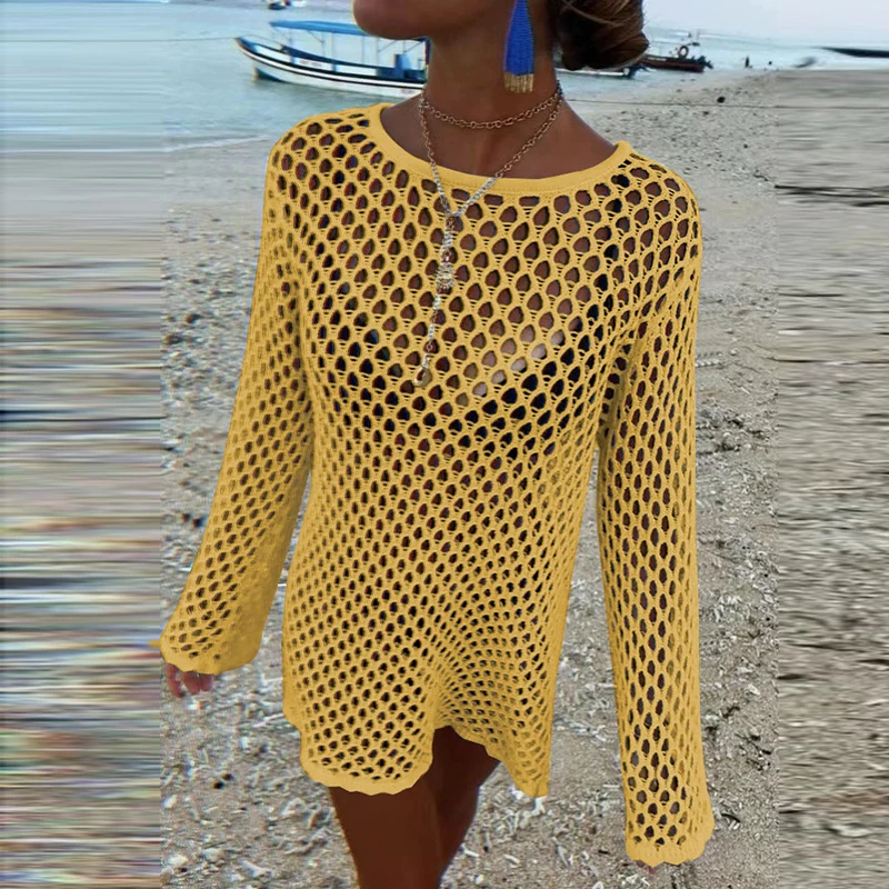 Seaside Hollow Out One Piece Vacation Covers Summer Solid knitted Fish Mesh Pullover Tops 2025 Long Sleeve White Full Dresses