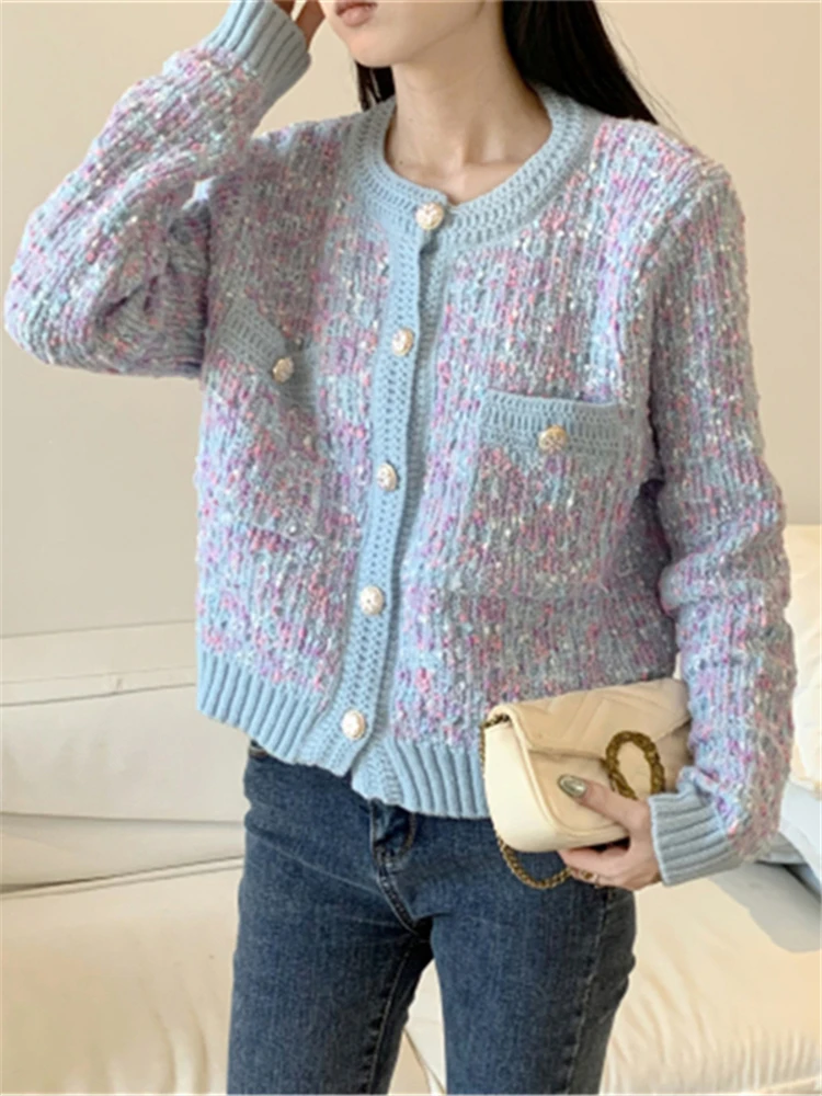 Colorfaith SWC6769JX New 2024 Chic Vintage Elegant Korean Fashion Wild Knitting Cardigans Women Autumn Winter Sweaters Mini Tops