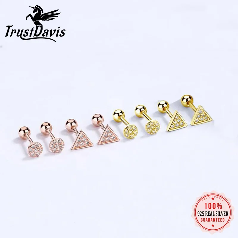 TrustDavis Real 925 Sterling Silver Triangle Round CZ Screw Stud Earrings For Women Children Girls Minimalist Jewelry DA2445