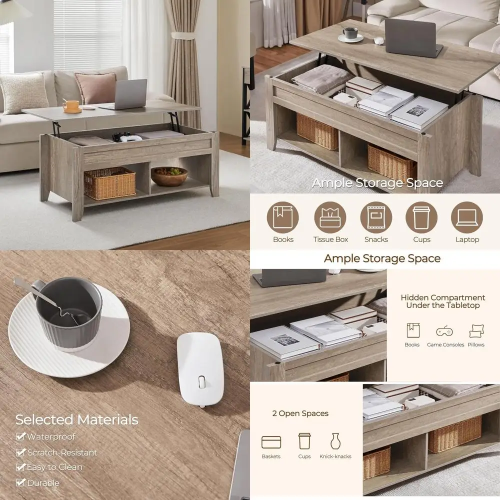 

Grey Contemporary Coffee Table with Hidden Storage and Lower Shelf, 39.5 for Living Room or Office