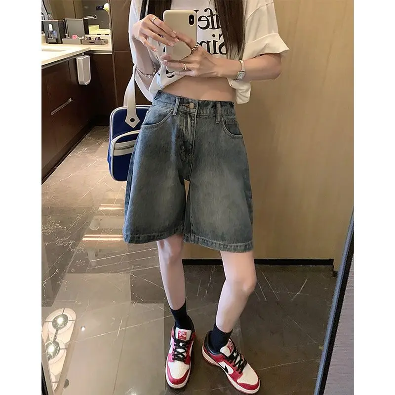 

American Retro Blue Denim Shorts Women Korean Style High Waist Biker Jeans Feminino Summer Chic Streetwear