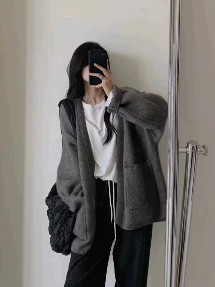 Women Raccoon Wool Blend Knit Cardigan Loose Lazy Style Mid Length Sweater Coat Autumn Winter Warm Outerwear