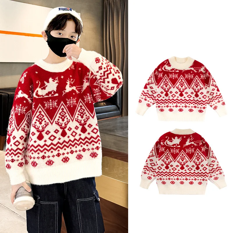 New Children's Christmas Sweater One Piece For Boys Red New Year Pullover Knitwear Kids Sweater with Snowflakes Knitted Clothing