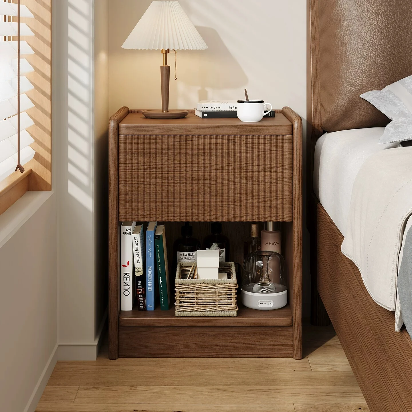 Solid Wood Nightstand with Hidden Lockable Minimalist Bedroom Side Cabinet Concealed End Table Home Space Saving Furniture