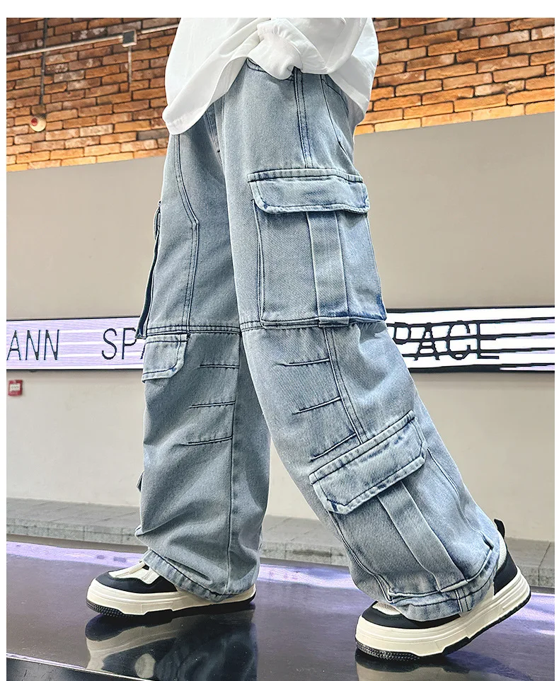 

New Stylish Kids Baggy Cargo Jeans with Pocket for Teens Boys Casual Blue Denim Pants Children Autumn Jeans Trousers